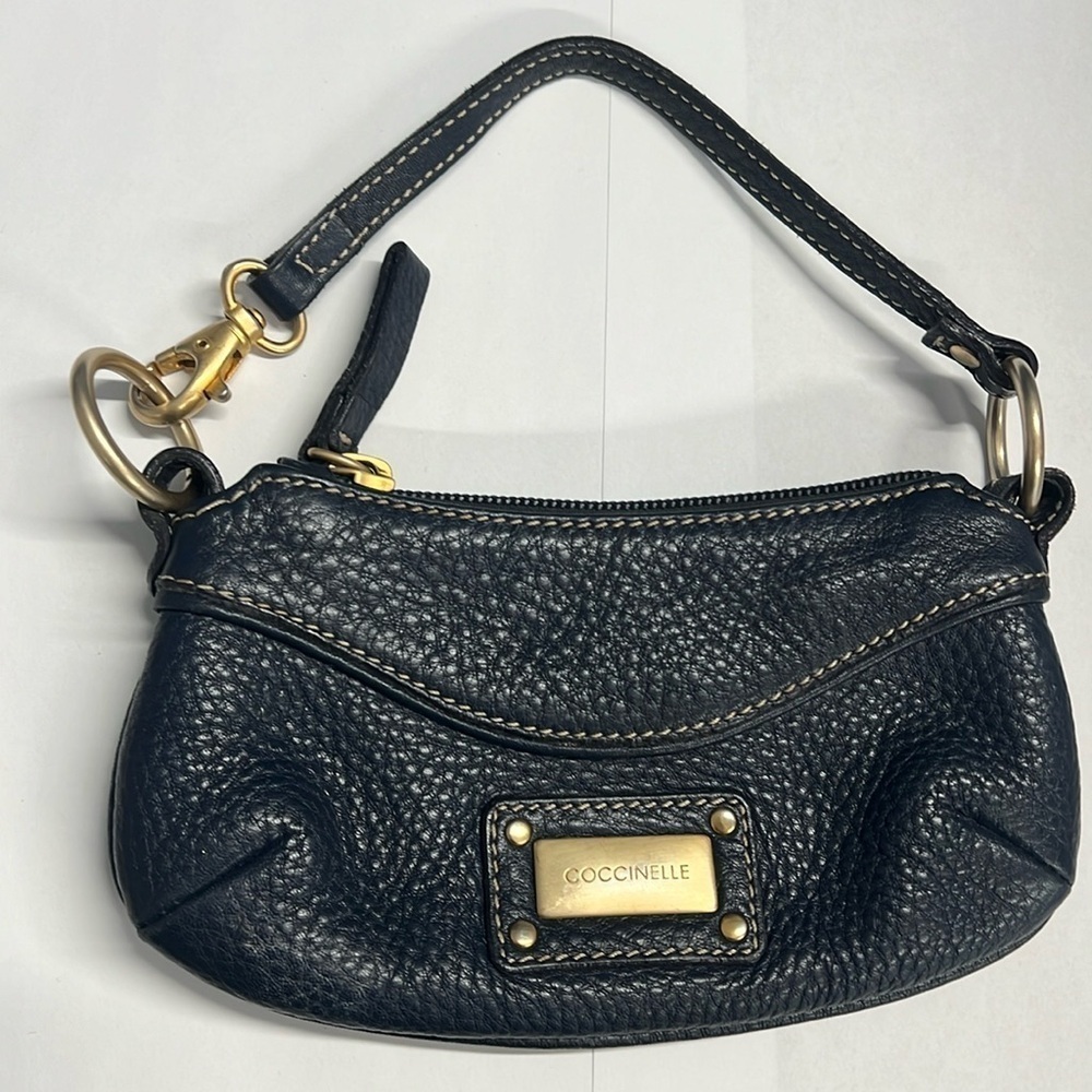 Coccinelle Navy Blue Pebbled Leather Zip Wristlet Mini Pochette Pouch Bag